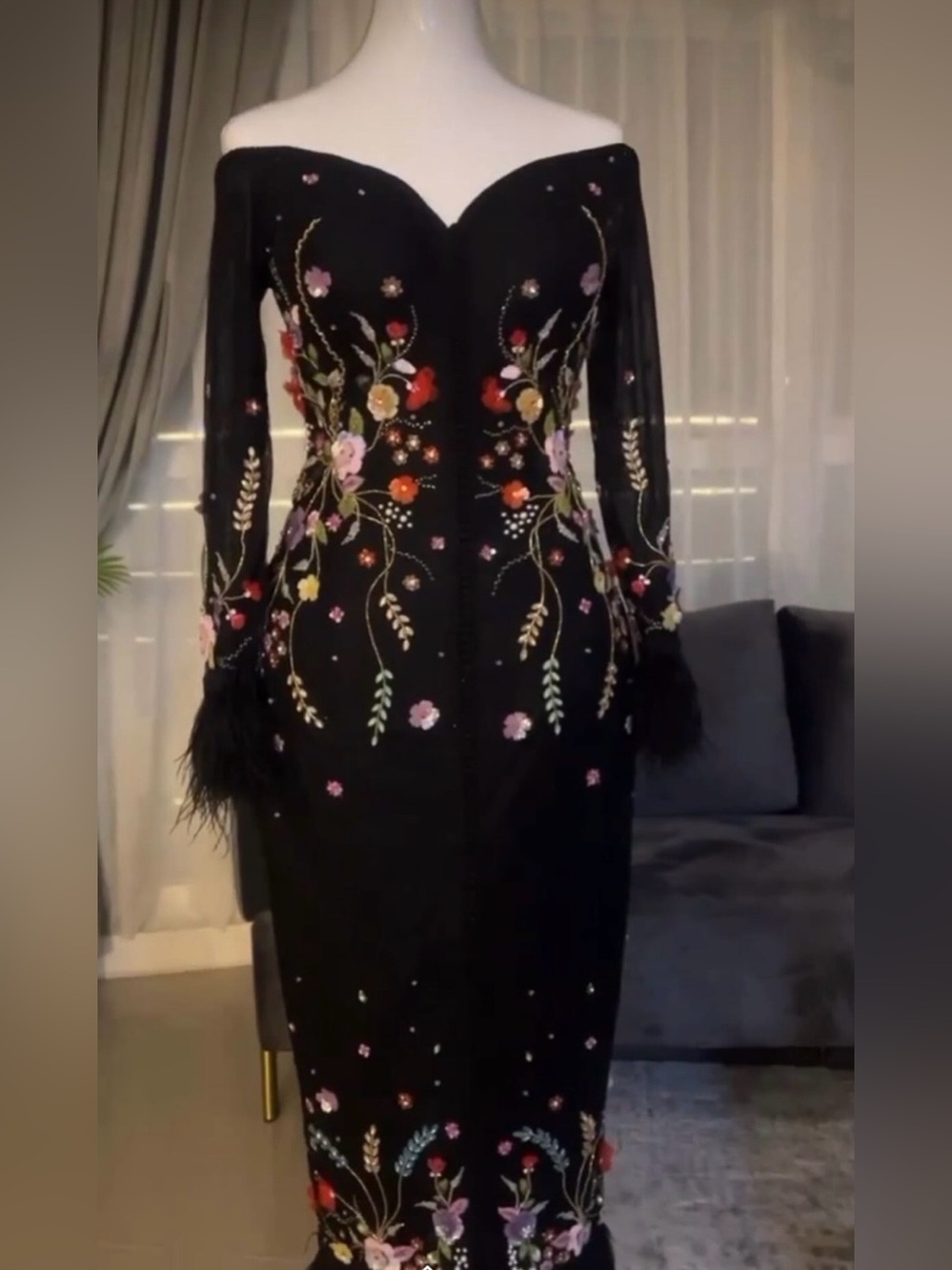 Black Off-Shoulder Floral Embroidered Midi Dress